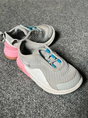 Nike Kids Gray Sneakers with Pink Heel and Blue Lace Tabs